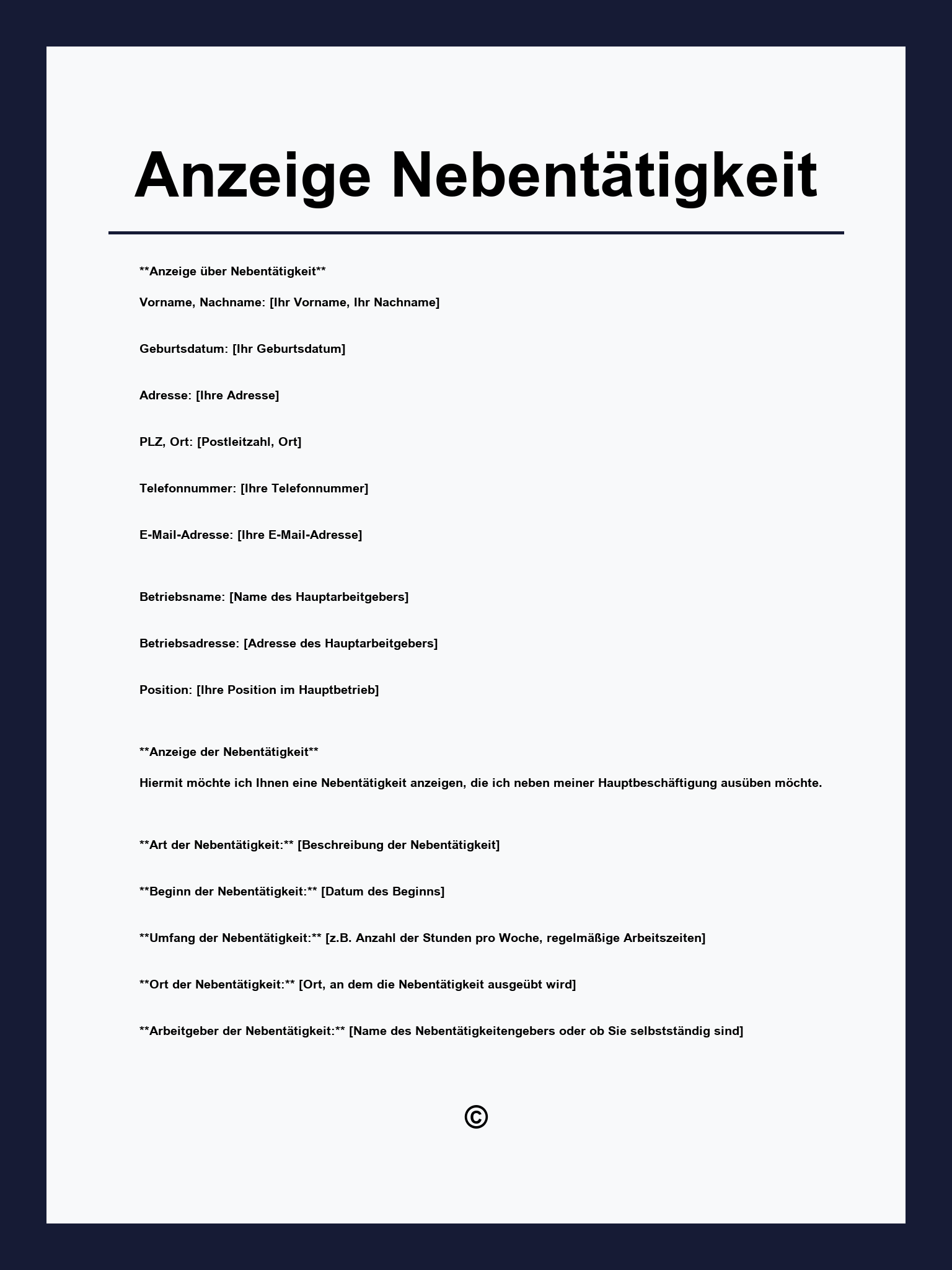 Anzeige Nebentätigkeit Vorlage