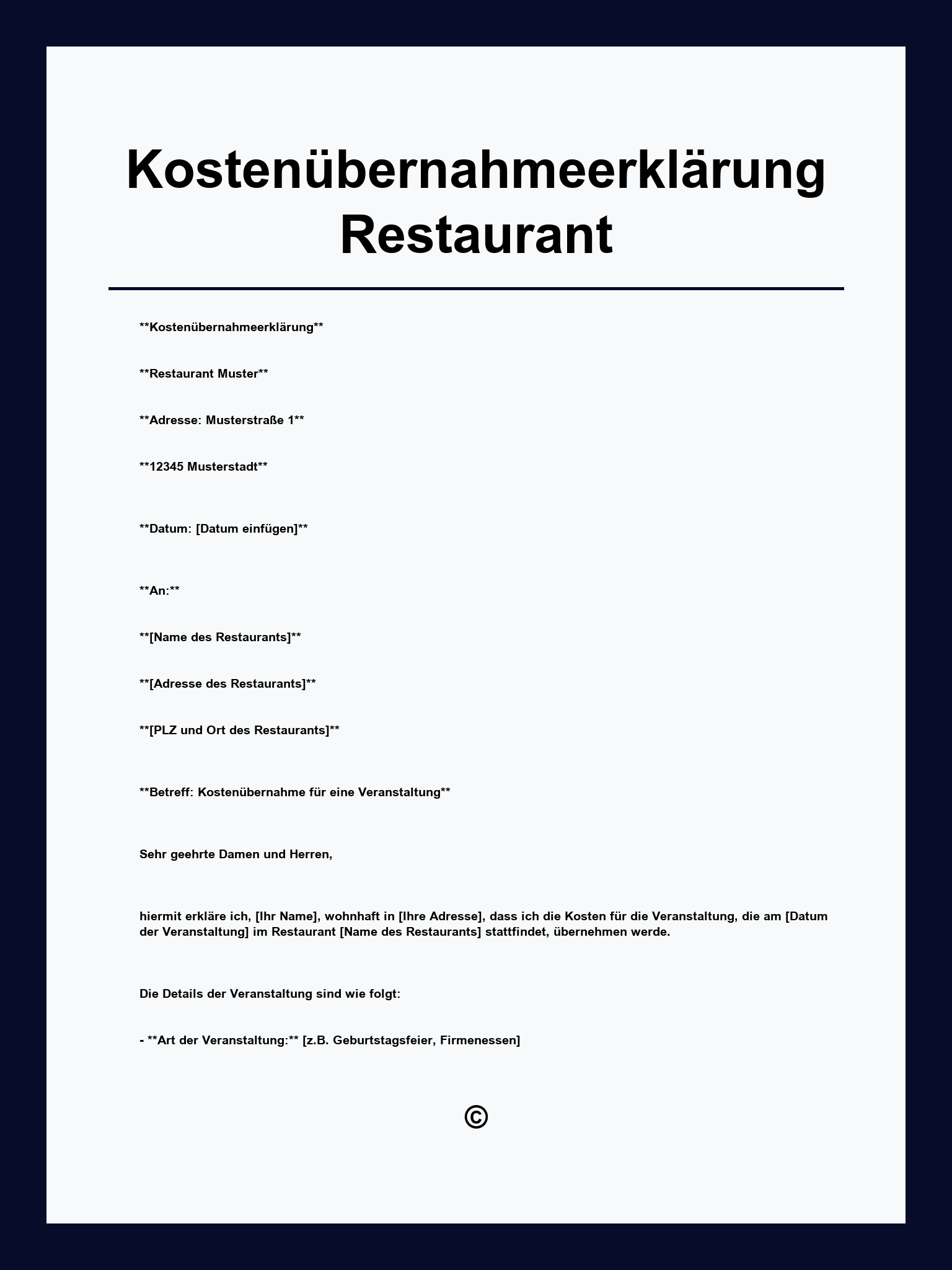 Kostenübernahmeerklärung Restaurant Vorlage